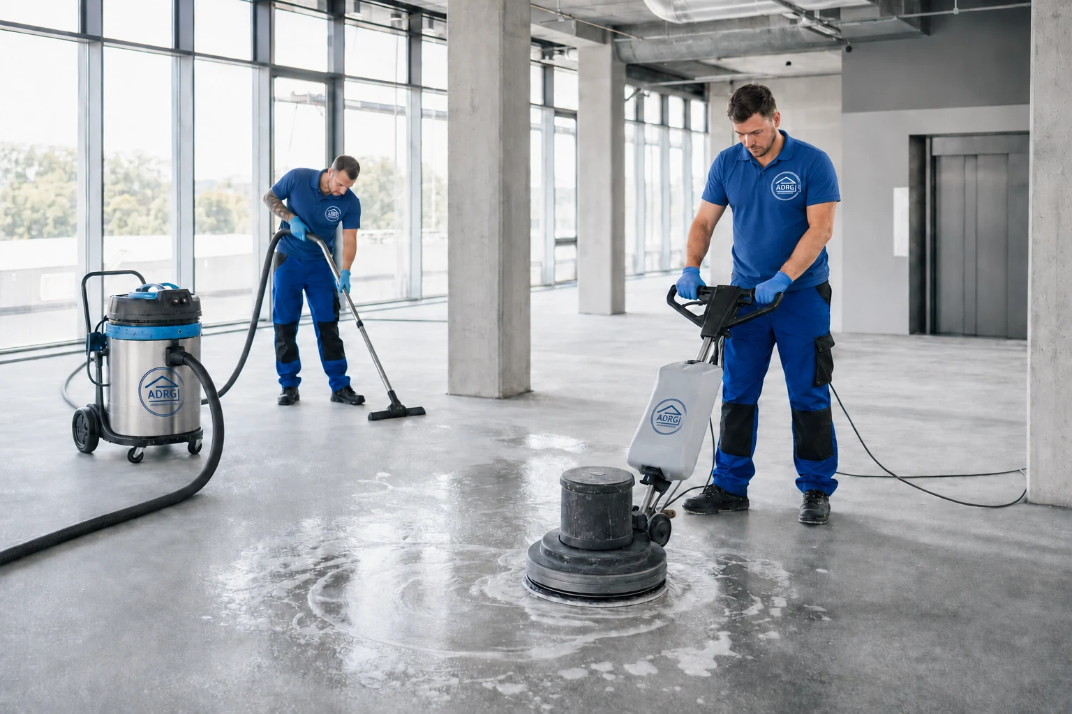 Grundreinigung mit Einscheibenmaschine in Erlangen ADRG Team bei der Grundreinigung eines Industriefußbodens