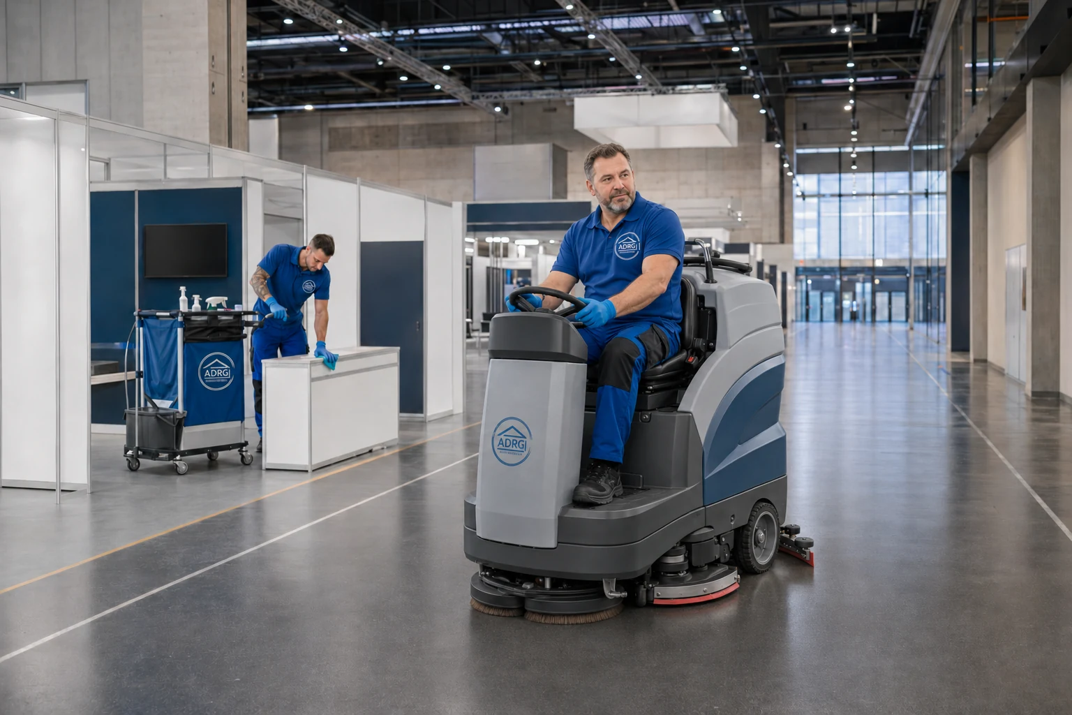 Industrie- und Hallenreinigung Erlangen ADRG Aufsitz-Scheuersaugmaschine in einer großen Halle